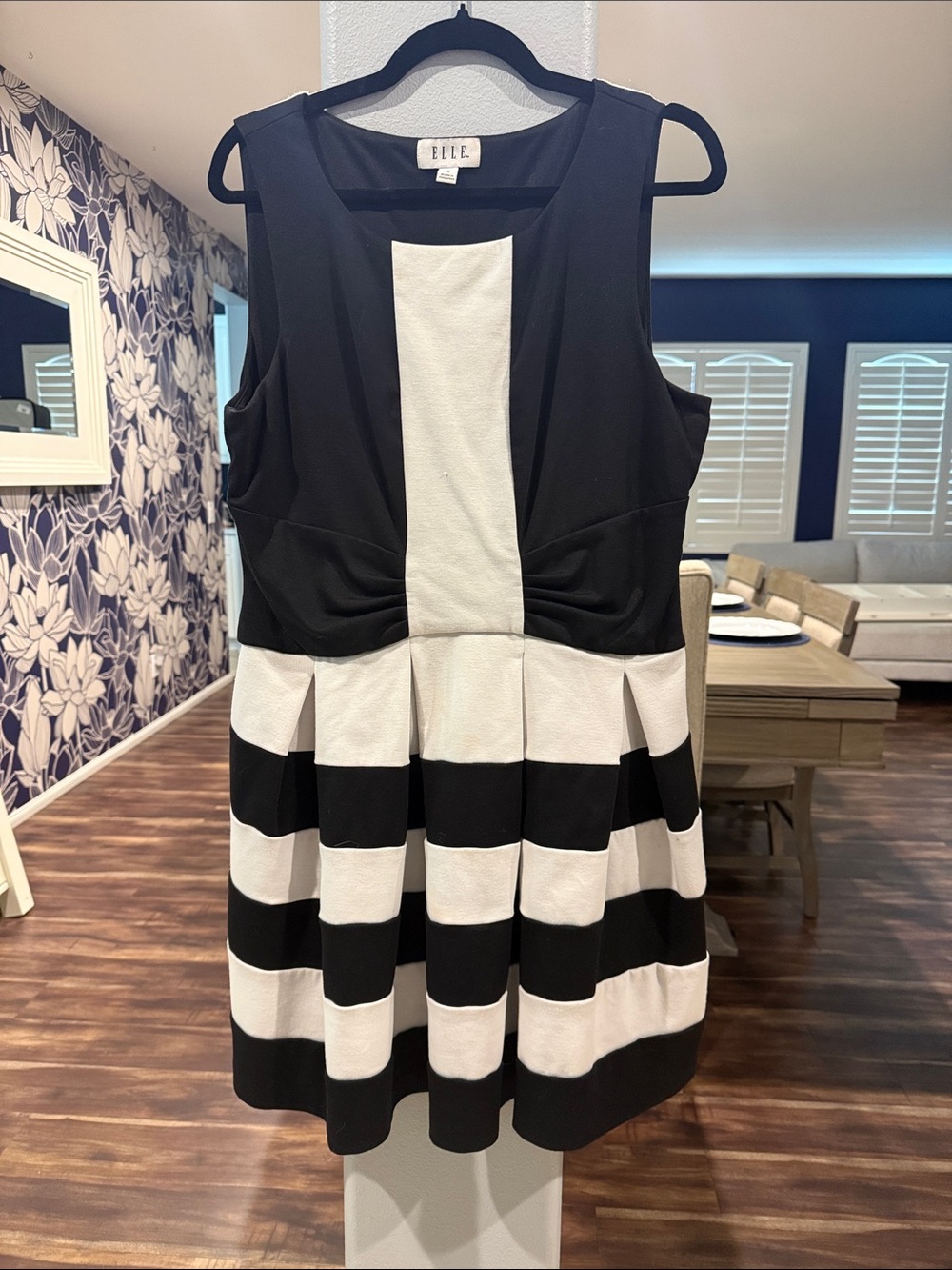 ELLE Black and White Striped Sleeveless Fit-and-Flare Dress